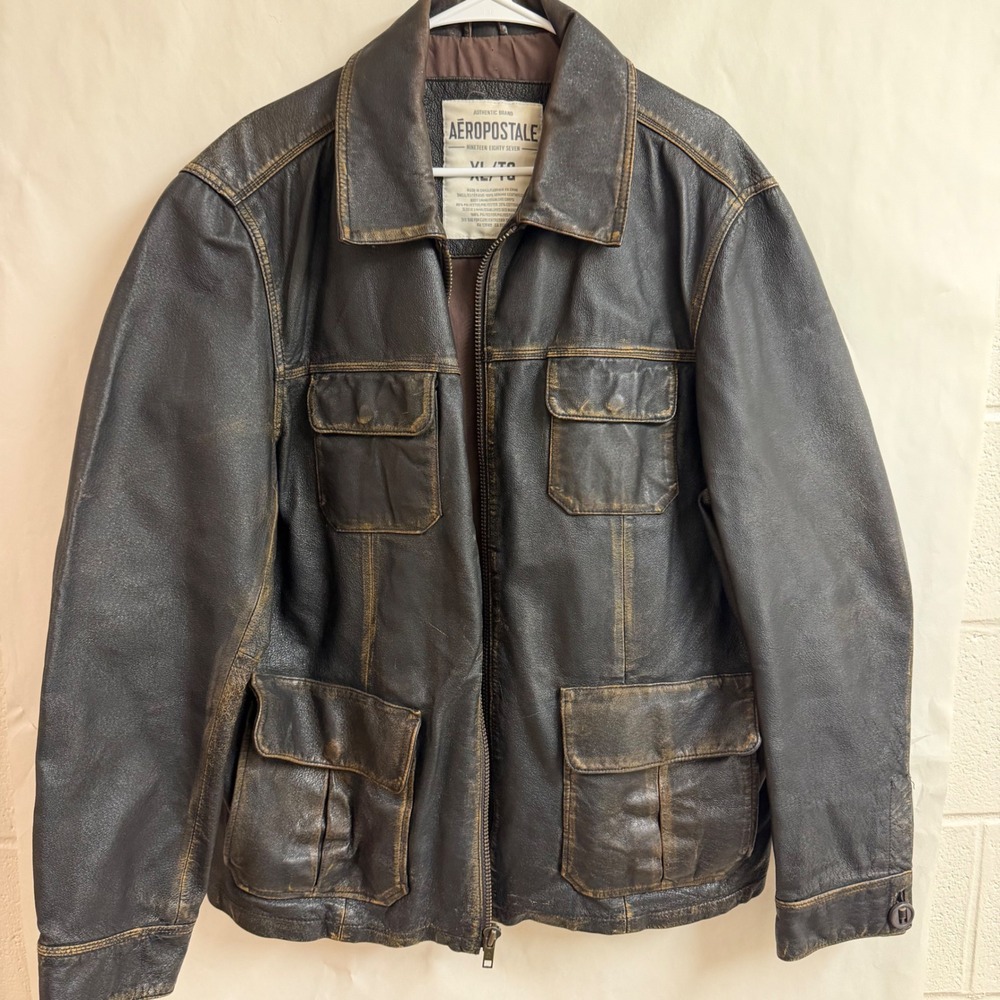 Aeropostale Mens XL VTG Bomber Leather Jacket Distressed Brown Chore Pockets Zip